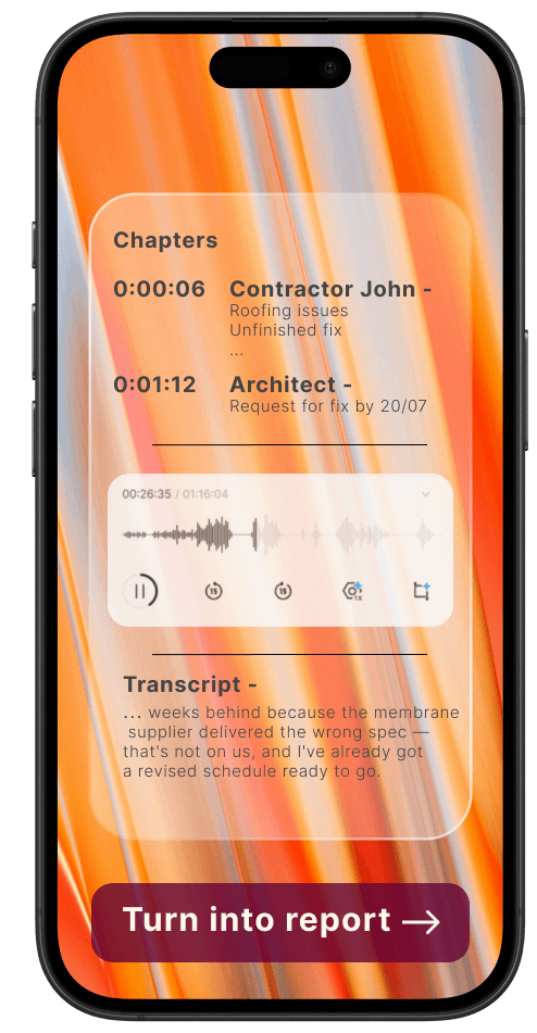 AI site report on mobile: chapters, waveform, transcript